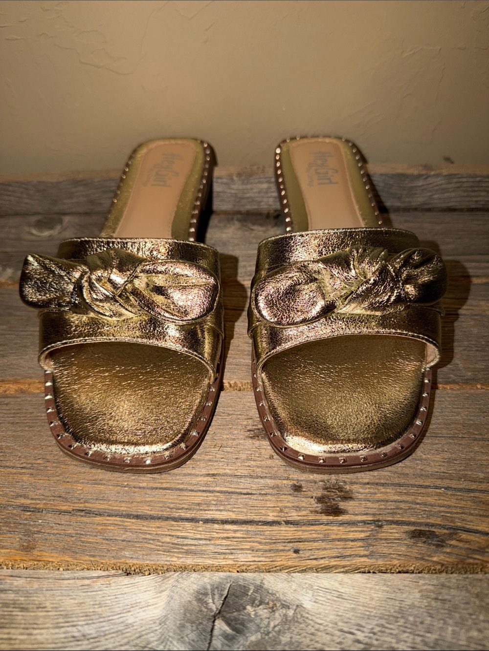 Hey Girl by Corkys clam bake Metallic Gold Slide Sandals with Knotted Strap
